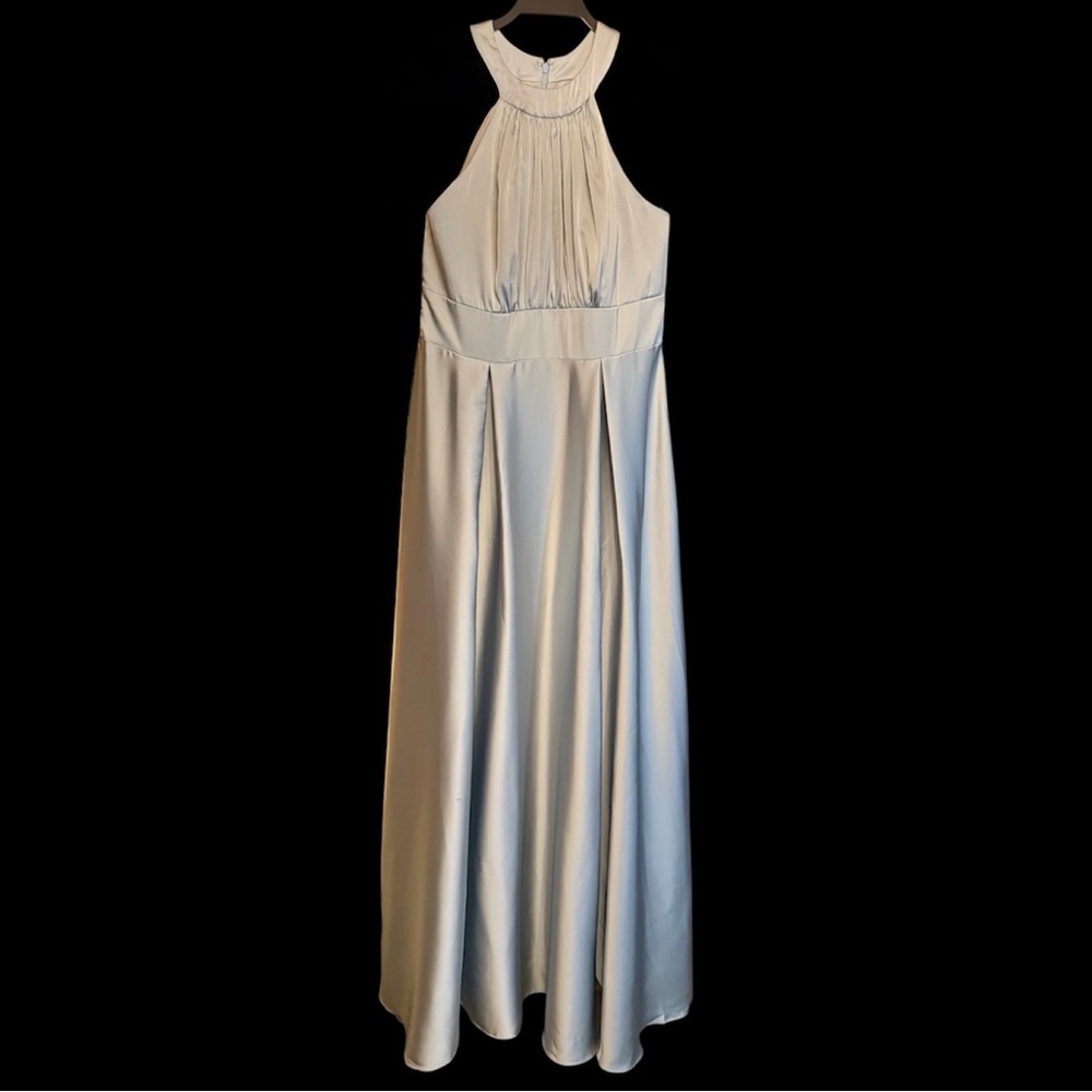 AW Bridal Pale Silver  Blue Satin Halter Dress Prom Bridesmaid NWOT Size 12